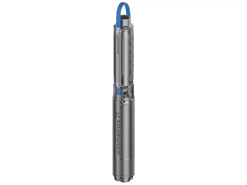 Unterwasserpumpe von Grundfos, gefertigt aus Edelstahl, zylindrische Form mit oben liegendem Griff. Ideal für Anwendungen in Wasserförderung und Bewässerung.